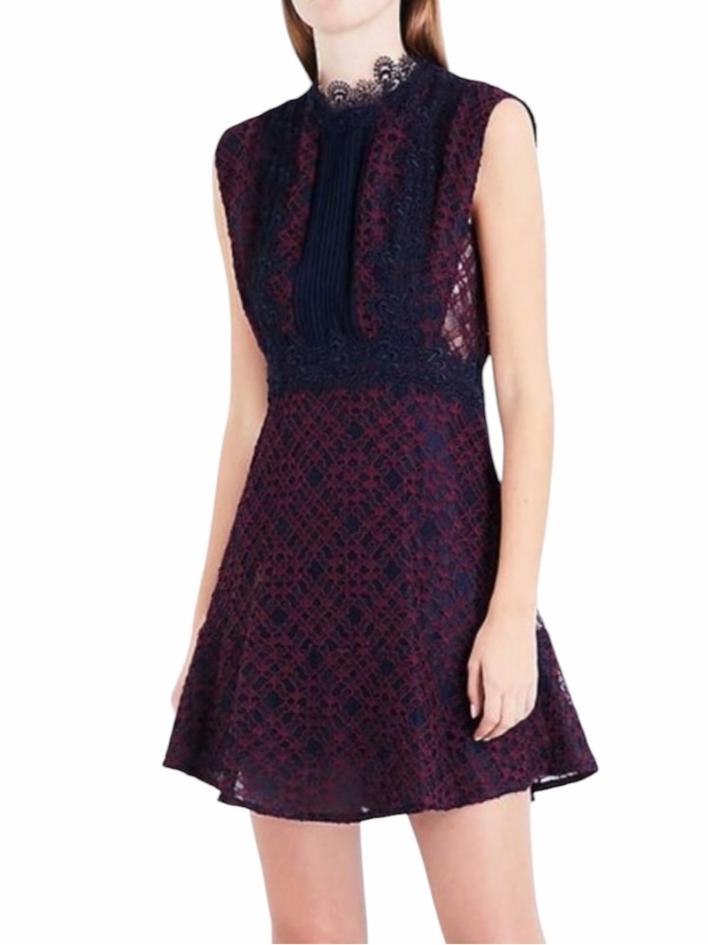 Sandro - Peaches Burgundy & Navy Lace Mini Dress Size 2
